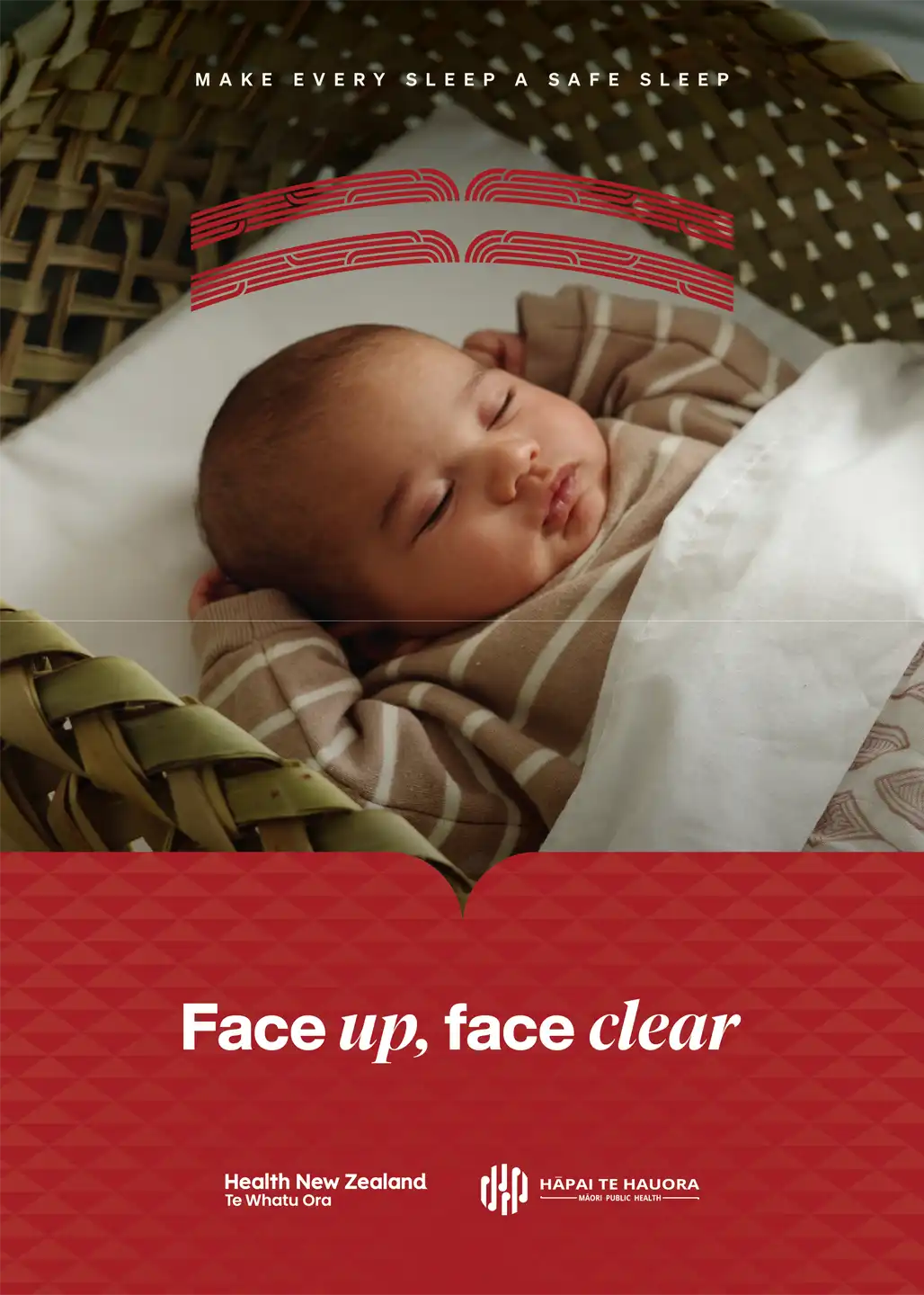 Face Up, Face Clear campaign card — a pēpi asleep on their back in a wahakura, face clear